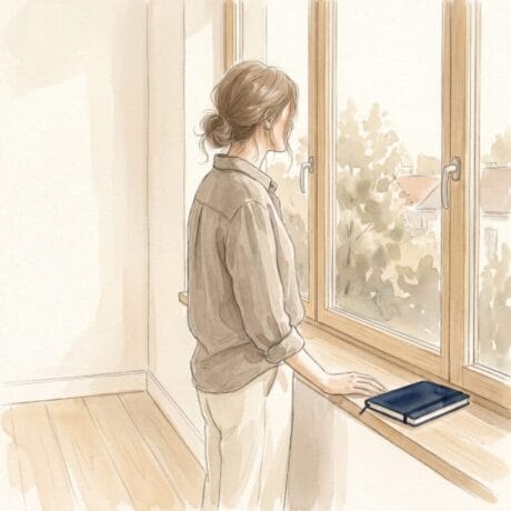 Illustration d'une femme regardant pensivement par la fenêtre.