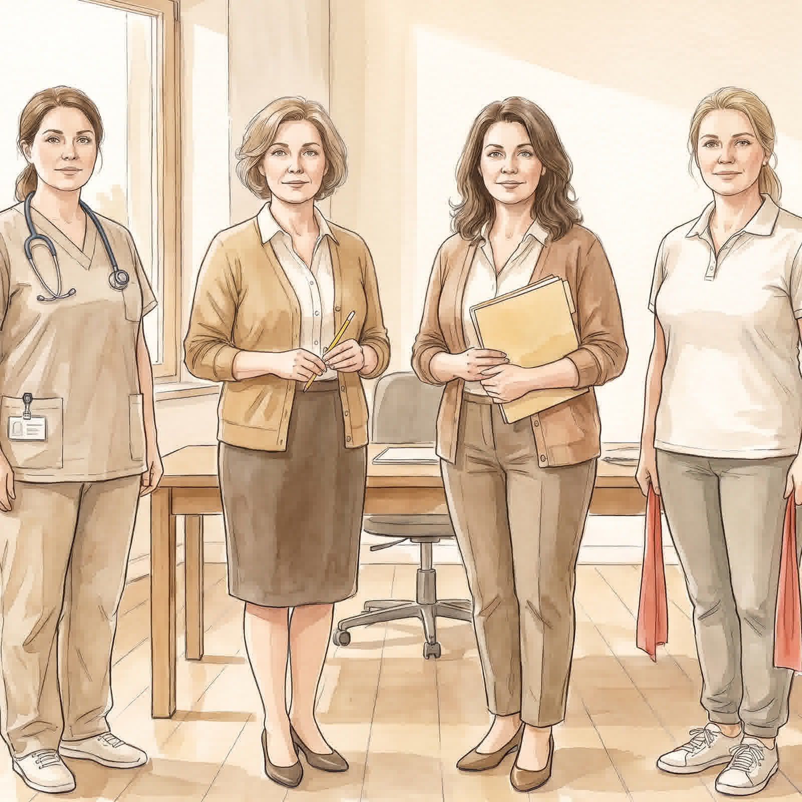 Illustration aquarelle de quatre femmes exerçant des métiers du soin et de l'éducation (infirmière, enseignante)